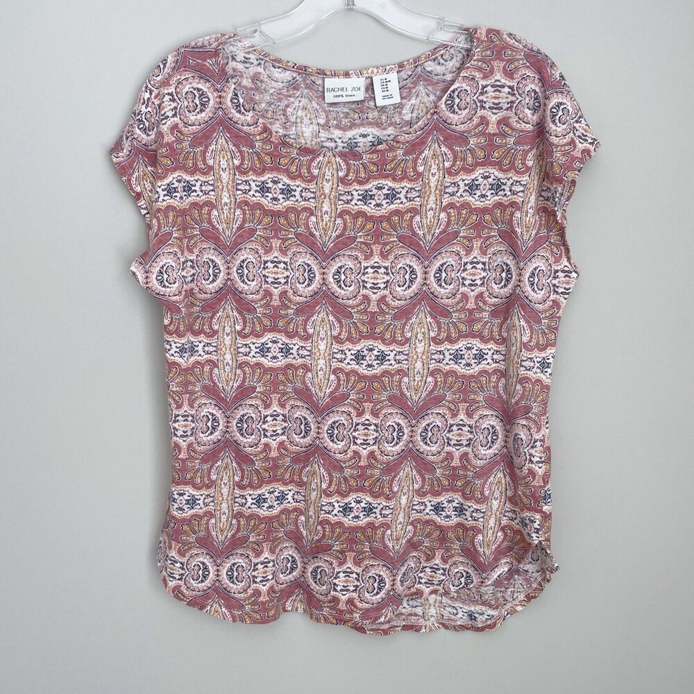Rachel Zoe Size M Printed Short Sleeve 100% Linen Shirt